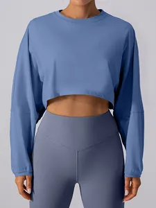 Blue cropped long-sleeve workout sweatshirt for women yoga and running fitness