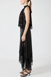 Side view of elegant black sleeveless lace slit two-piece set for women