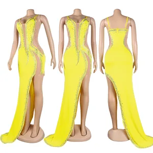 Detail view showing front side and back of yellow rhinestone sheer evening gown