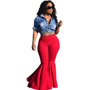 Pantalones de campana rojos sexys de cintura alta con dobladillo de volantes clubwear