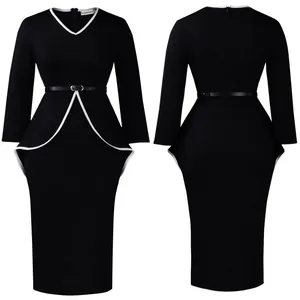Front and back view of elegant black long-sleeve dress with white trim and belt