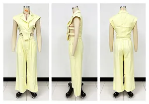 Front side and back angles of a light yellow sleeveless vest and trouser set