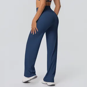 Macro view of navy blue brushed wide-leg yoga pants with high-waisted design