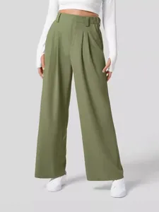 Olivgrüne Hose mit weitem Bein und hoher Taille für Damen, elegant fallend