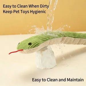 Durable green snake plush dog toy featuring washable fabric and dynamic water splash