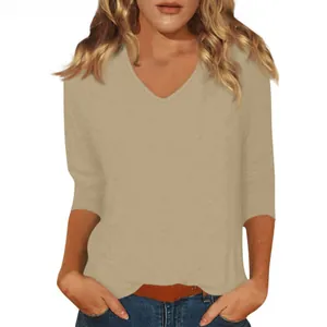 Women's casual v-neck solid beige three-quarter sleeve t-shirt top