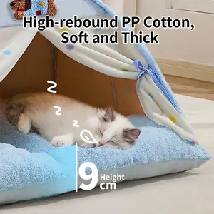 Ultra soft and warm semi-enclosed blue plush pet tent for indoor cats and small dogs