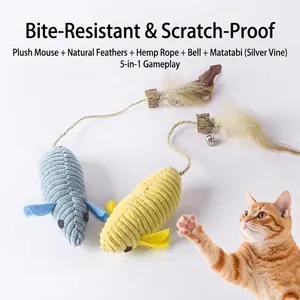 Durable interactive plush mouse cat toy with natural feathers and silvervine for chewing