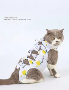 Breathable strawberry print cat recovery suit with tie closure for post-surgery care
