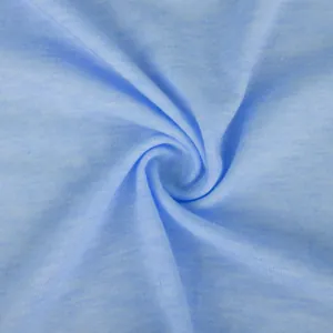 Close-up detail of soft light blue knitted fabric texture for a casual T-shirt.