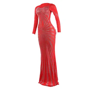 Elegant red floor-length evening gown featuring sparkling rhinestones and a sexy bodycon fit.
