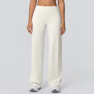Front view of high-waisted wide-leg yoga pants in off-white double-sided brushed fabric