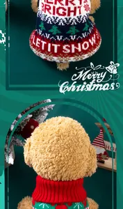 Detail view of festive Christmas dog sweater with Let It Snow text and holiday patterns