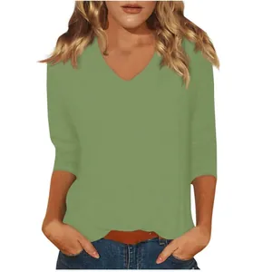 Casual women's V-neck solid color T-shirt with 3/4 sleeves in a soft sage green shade