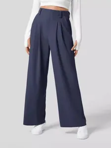 Elegante marineblaue Weite-Bein-Hose mit hohem Bund und fließender Passform für Damen.