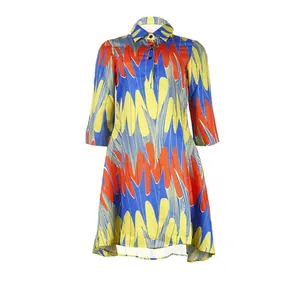 Detailed front view of a slim fit colorful printed dress with deep V-neck and stylish collar