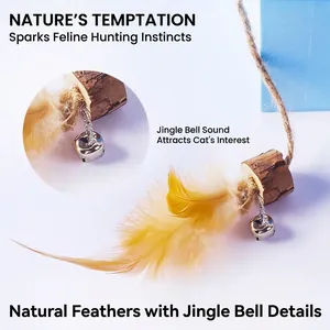 Interactive natural feather cat toy with matatabi silvervine stick and tinkling bell