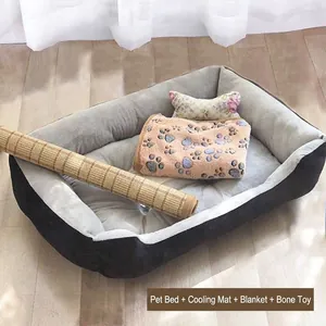 Four-piece pet bed set including plush bed, cooling mat, blanket and bone pillow