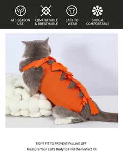 Orange cat recovery suit with ribbon bow ties on back for post-surgery protection