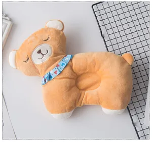Detail view of plush cartoon bear pet pillow with decorative heart ruffled collar