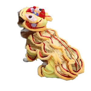 Funny Chinese lion dance costume for dogs with golden fur and red details