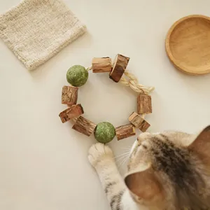 Eine Hauskatze spielt mit einem Bio-Silberreben- und Katzenminze-Ring zur Zahnpflege