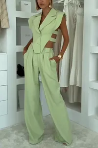 Sophisticated sage green sleeveless crop vest and high-waist wide-leg pants two-piece set
