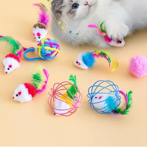 Assorted colorful plush cat toys with feathers and mice in wire cages for active pets