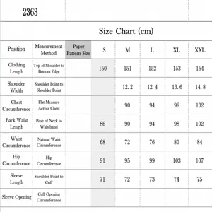 Detailed garment size chart for sequin evening dress in cm with measurements for S to XXL