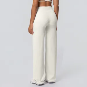 Detailed back view of high-waisted white yoga wide-leg pants for fitness and running