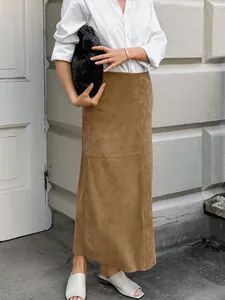Damen Französisch Khaki Wildleder Midi Rock Hohe Taille Gerade Einfarbig Patchwork Langer Rock Für Tägliche Arbeit Büro