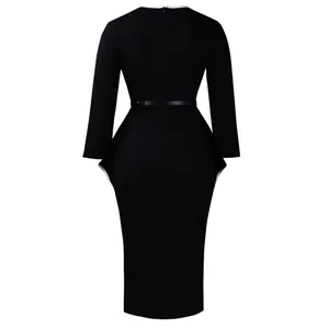 Elegant black long sleeve pencil dress with peplum waist detail and slim belt, back view