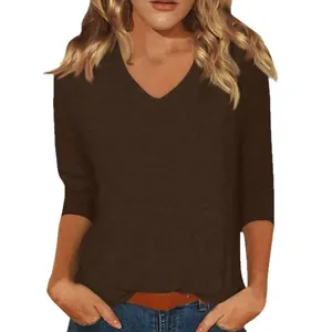 Casual women's brown V-neck T-shirt with comfortable three-quarter sleeves for daily wear
