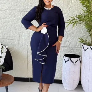 Elegant navy blue round neck midi dress featuring a 3D white flower and ruffle details