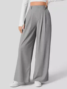 Graue locker sitzende Damenhose mit hoher Taille und weitem Bein in professioneller Optik