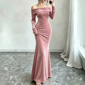 Elegant Velvet Off Shoulder Maxi Dress For Women Ruched Bodycon Long Sleeve Evening Banquet Party Sexy Slim Fit Dress
