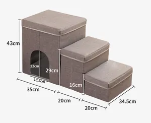 Detaillierte Maße einer faltbaren 3-stufigen Haustiertreppe und Box aus grauem Stoffgewebe.