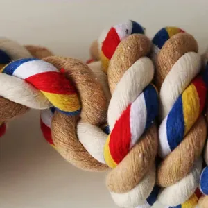 Detailopname van duurzaam veelkleurig gevlochten katoenen touw hondenspeelgoed voor honden