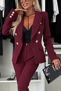 Elegant burgundy double-breasted blazer suit with gold buttons for professional women.