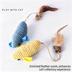 Interactive plush mouse cat toy with natural Silvervine wood and feather accents.