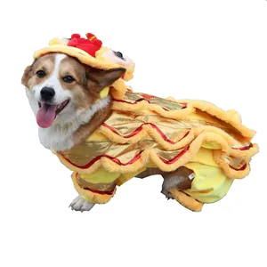 Detailed side view of a Corgi wearing a festive yellow and gold Chinese Lion Dance pet costume