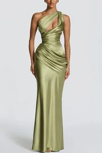 Elegant olive green satin one-shoulder dress with pleated waist and cutout detail