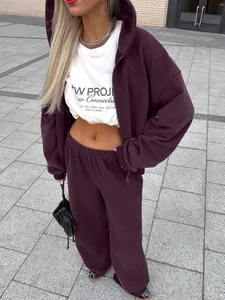 Conjunto de dos piezas de sudadera con capucha morada y pantalones anchos para mujer