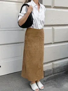 Eleganter Maxirock aus khakifarbenem Wildlederimitat mit hoher Taille für Damen, schlichter Stil