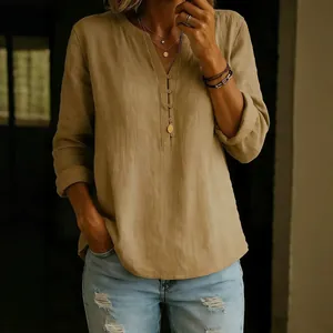 Elegant khaki cotton linen long sleeve top with stylish V-neck and button detailing