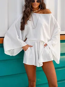 Women Two Piece Set Top And Bottom Loose Long Sleeve Round Neck Top With High Split Maxi Skirt Or Shorts Vacation Outfits