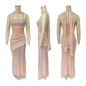 Front side and back views of elegant pink sequin tube top maxi dress with streamer
