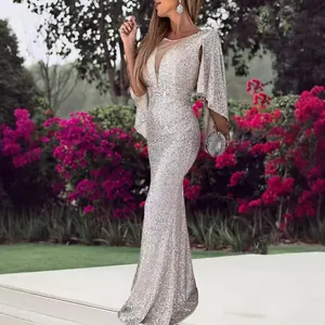 Elegante Vestido de Noche de Sirena con Lentejuelas Plateadas para Mujer Sexy Cuello en V Manga de Capa Vestido de Banquete Largo Vestido de Fiesta Formal