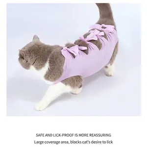 Detailed view of breathable purple ribbed cat recovery suit with back ribbon ties