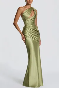 Detailed view of sage green satin one-shoulder pleated mermaid evening dress